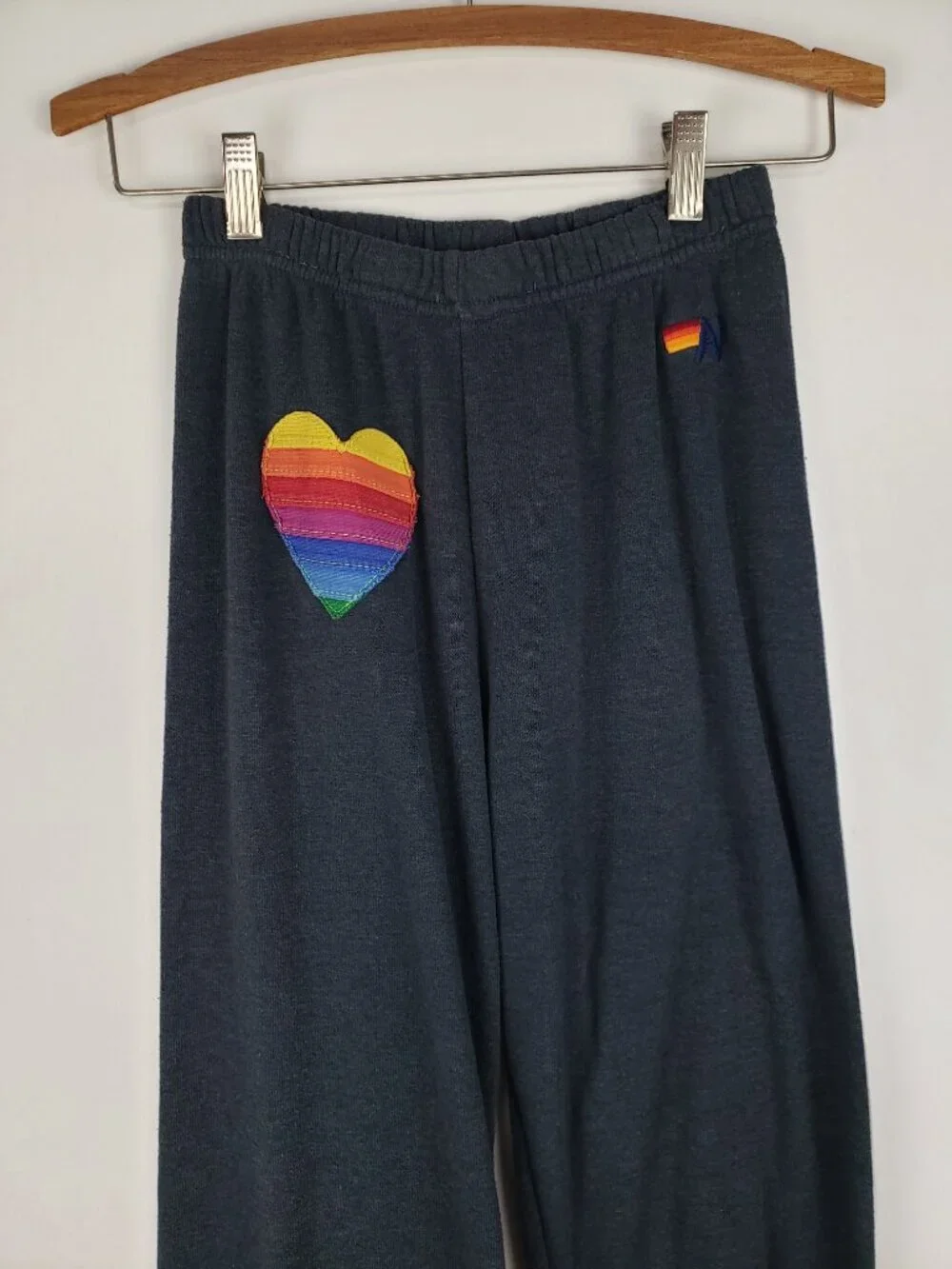 Aviator Nation Rainbow Heart Stitch Sweatpants Charcoal Gray Womens XS